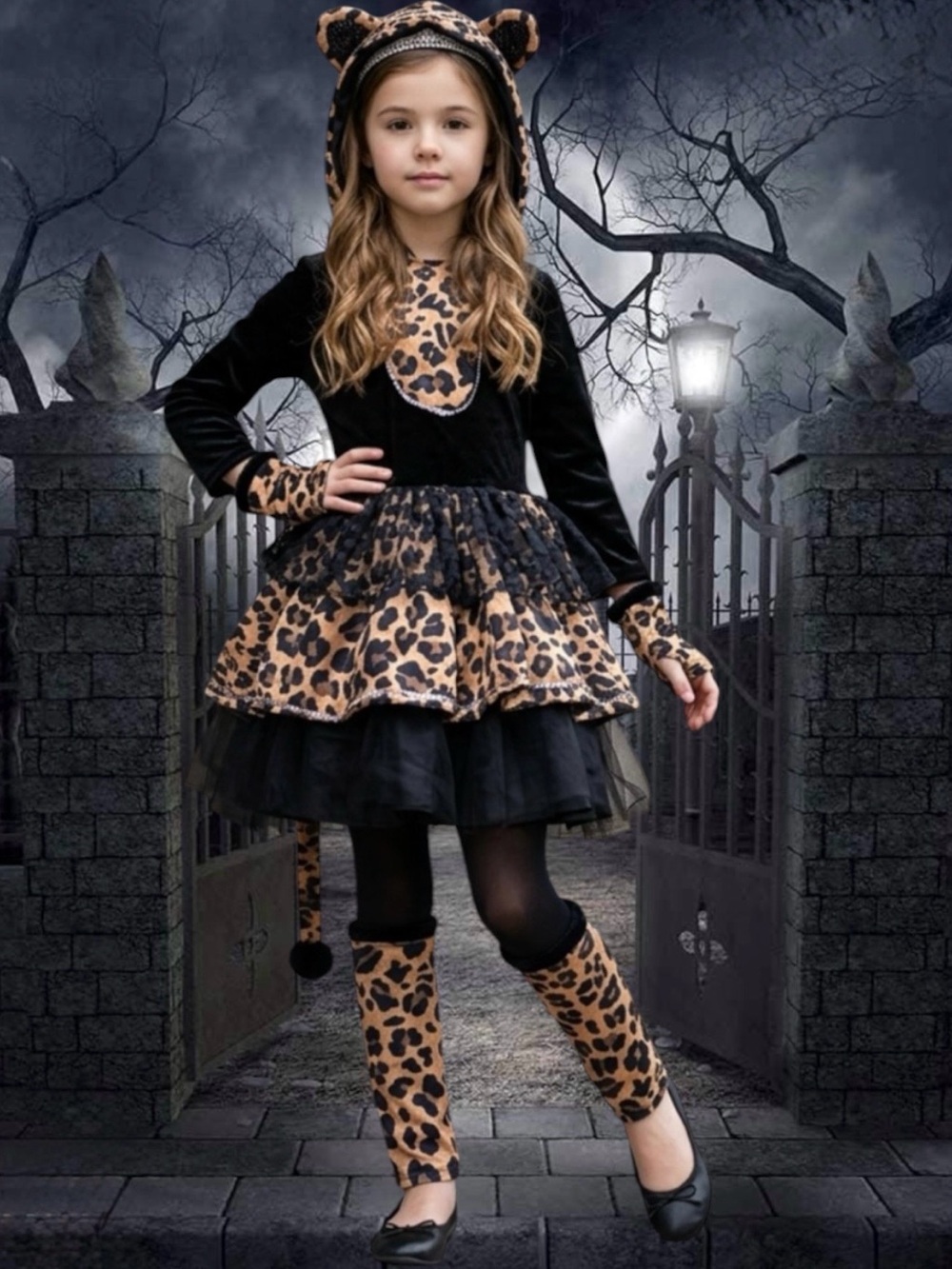 Girls Leopard Cat Halloween Dress with Hood, fingerless gloves and Leg Warmer